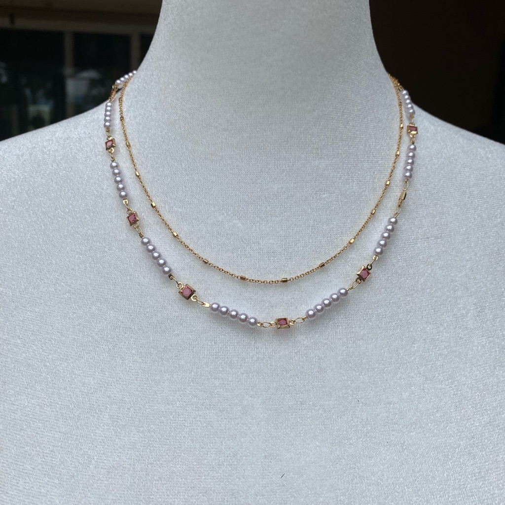 Nwt Francesca’s Junie Pearl Square Glass Station Layered Necklace